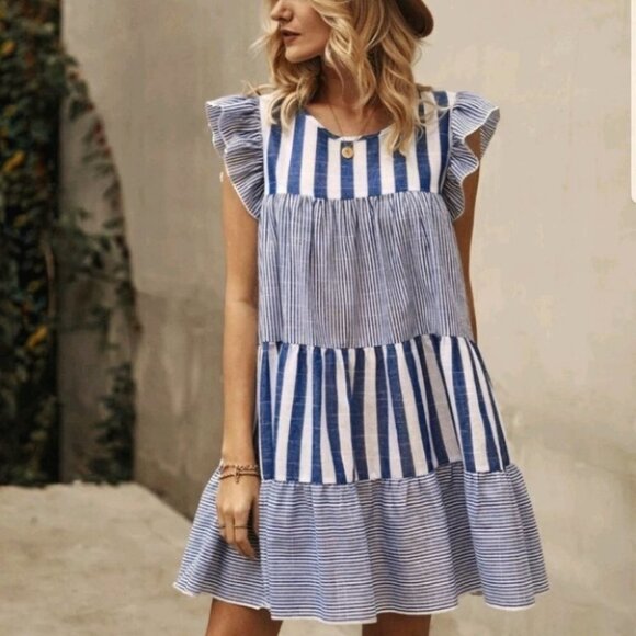 Hampton Vertical Blue Striped Babydoll Dress - Picture 8 of 12